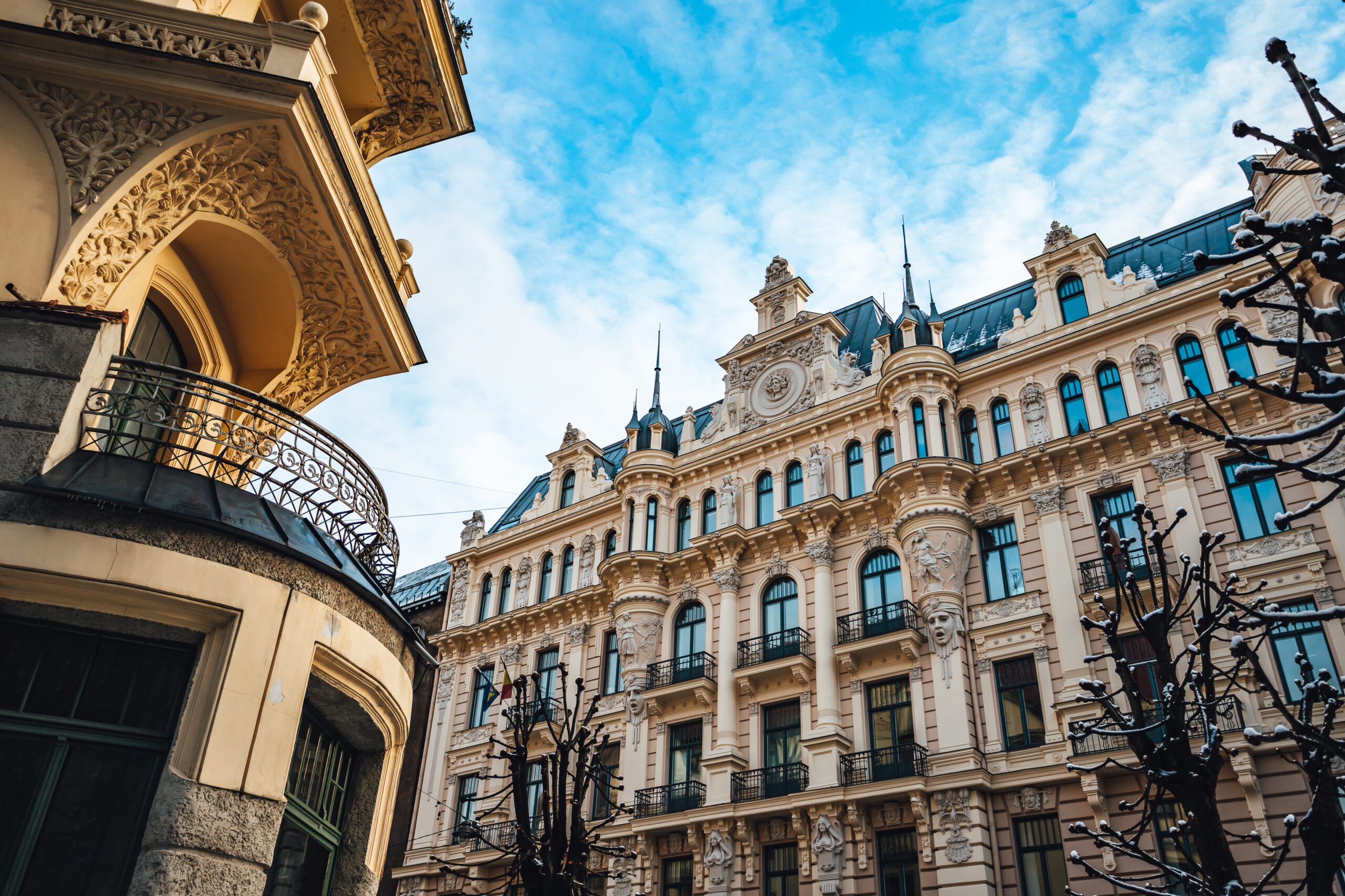low angle shot of art nouveau architecture building facade in riga, latvia